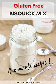 gluten free bisquick mix in a mason jar with spoons on the side