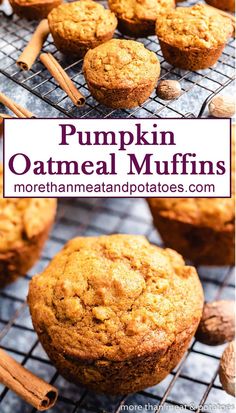 pumpkin oatmeal muffins are cooling on a rack with cinnamon sticks