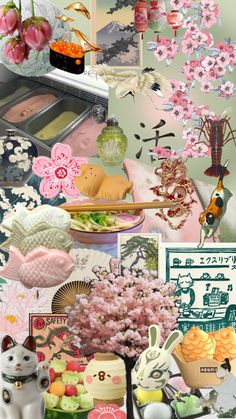 a collage of photos with flowers, food and other things on it's surface