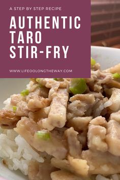 a white plate topped with rice covered in meat and vegetables next to a pink sign that says authentic stir - fry