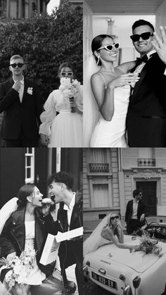 black and white photos of people in wedding outfits, bride and groom with sunglasses on