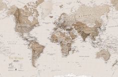 a large world map with all the countries and major cities on it's sides