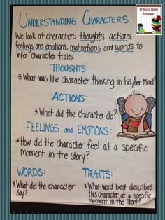 a poster with writing on it that says, understand characters and describe the character's actions