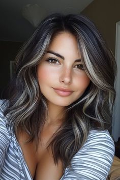 Find your perfect look with chic winter hair colors for brunettes! Rich, dimensional shades and subtle highlights are trending in 2024.#WinterHairColor #BrunetteStyle #HairTrends2024 #WinterHairVibes #BrunetteBeauty #SeasonalHairColor #ChicWinterHair #WarmBrunetteTones #WinterHairGoals #RichBrunetteShades #ColdWeatherHair #BrunetteInspo #HairColorIdeas2024 #WinterStyleUpdate #TrendyHairColors Grey Hilites On Dark Hair, Dark Brown Silver Highlights, Dark Brown Hair White Highlights, Hair Color To Hide Grey Hair Brunette, Dark Brown With Silver Highlights, Brunette Gray Blending Highlights, Grey Blending Brown Hair, Metallic Gray Hair Color, Brown To Gray Hair Transition