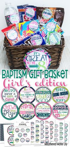 a basket filled with lots of different items for baptisms and other occasions to celebrate