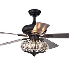 a ceiling fan with a light on it and a caged glass ball hanging from the blades