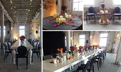 several pictures of tables and chairs with candles on them in various stages of being decorated