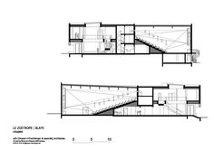 two drawings of the interior and exterior of a building