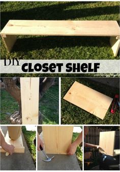 the steps to make a diy closet shelf out of plywood and some wood