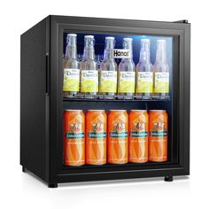 an image of a mini fridge with drinks in it's display case on white background