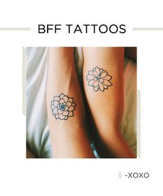 two people with matching tattoos on their feet, one has a blue eye and the other has a flower