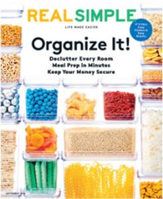 the cover of real simple magazine with lots of food in plastic containers and cereals