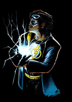 a painting of a man in black and yellow with lightning coming out of his hands