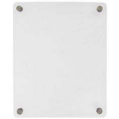 a white square plate with metal studs on the bottom and two holes in the middle