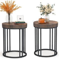 two side tables with flowers and books on them, one table has an orange vase