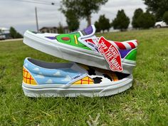 Custom adult toy story vans handpainted  custom adult Toy Story vans buzz woody Toy Story Shoes, Vans Painted, Vans Custom, Thor 2, Baby Birthday Themes, Custom Toys, White Vans, Birthday Themes, Custom Vans