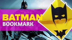 the batman bookmark logo is shown in front of a purple and yellow sign that reads,