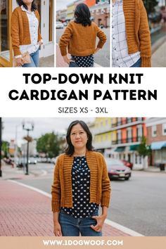 the top - down knit cardigan pattern for women is shown in three different sizes