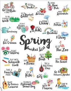 the words spring written in different languages are shown on a white background with black lettering