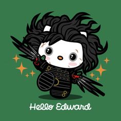 a cartoon character with long black hair holding two claws in her hand and the words hello edward