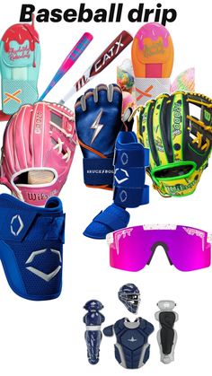 various baseball gloves, catchers mitts and sunglasses with the words baseball drip on them