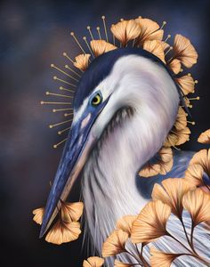 a painting of a bird with yellow flowers around it's neck and head in front of a black background