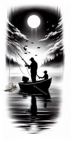 two people in a boat fishing on the water under a full moon with birds flying overhead