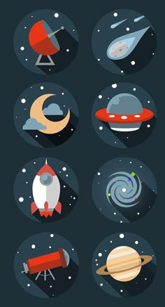 the planets and their satellites are depicted in this flat - lay style illustration, with long shadows