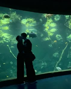 two people are kissing in front of an aquarium