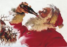 a painting of santa claus drinking from a bottle with reindeers in the snow behind him