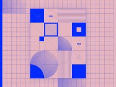 a blue and beige geometric design with squares, circles, and rectangles