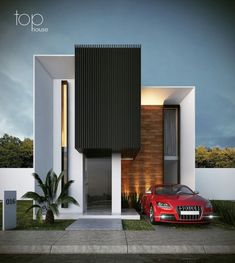 a red car parked in front of a modern house