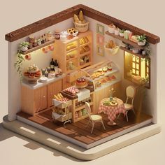 an overhead view of a miniature kitchen and dining area