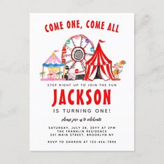 a circus birthday party card with an image of a carnival tent and ferris wheel in the background