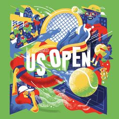 a poster with the words us open and various sports related items surrounding it on a green background