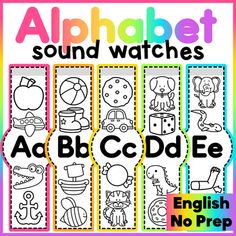 the alphabet sound watches with pictures of animals and other things to color on it's side