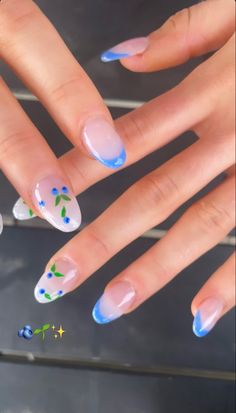 blueberry nail design with blue french tips on almond shaped acrylic nails Spring Nails Aesthetic 2024, Cute Almond Spring Nails, Summer 24 Nail Ideas, Spring Nail Inspo Almond Shape, Nail Inspiration Almond Spring, Acrylic Nail Designs For Summer Almond Simple, Costal Floral Nails, Spring Nail Aesthetic, Summer Nails 2023 Fruit