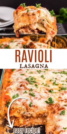 an easy lasagna casserole recipe is shown with the words ravioli lasagna above it