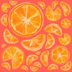 an orange cut in half on a pink background with other slices and segments around it