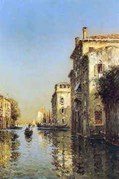 a painting of a canal with buildings on both sides