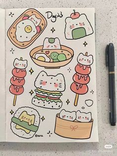 an open notebook with hello kitty stickers on it and a pen next to it