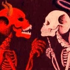 two skeletons are standing next to each other in front of a red and black background