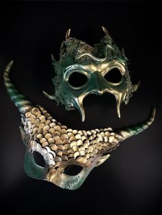 Dragon horned mask in green and gold with scales, part of the Fantasy Collection Luxury Fantasy Masks For Fantasy Events, Snake Mask, Dragon Mask Masquerade, Lion Mask Masquerade, Snake Masquerade Mask, Horned Mask, Fantasy Horned Masks For Masquerade, Luxury Gold Fantasy Masks, Kids Party Packs