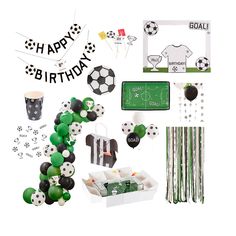 soccer themed birthday party supplies including balloons and streamers