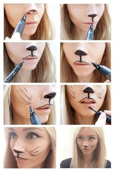 How To Paint A Cat Face For Halloween, Simple Cat Face Paint For Women, Lion Makeup Halloween Easy, Cat Halloween Costumes For Women Make Up, Kids Cat Costume Makeup, Cute Halloween Cat Makeup, Lion Makeup Easy, Kid Cat Makeup, Easy Cat Makeup Halloween Kids