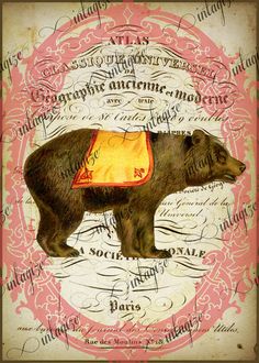 a brown bear with a yellow bib on it's back and some writing in the background