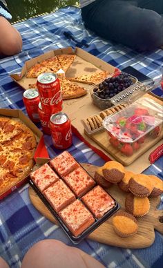 a picnic table with pizza, fruit and sodas