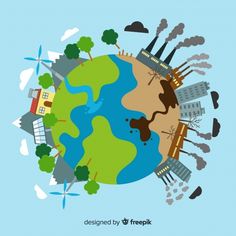 an earth with factories, trees and buildings on it is depicted in this flat design