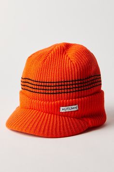 Ready for anything in a retro-inspired style, this super cool beanie is featured in a ribbed knit fabrication with minimal visor and staple striping for an added sporty touch. | MTN Wear Visor Beanie by FP Movement at Free People, Safety Orange Red Visor Hat For Streetwear, Retro Visor Hat, Orange Sports Visor Baseball Cap, Orange Adjustable Beanie Hat, Cool Beanies, Visor Beanie, Fp Movement, Super Cool, Boho Clothing