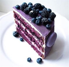 a slice of blueberry cake on a white plate